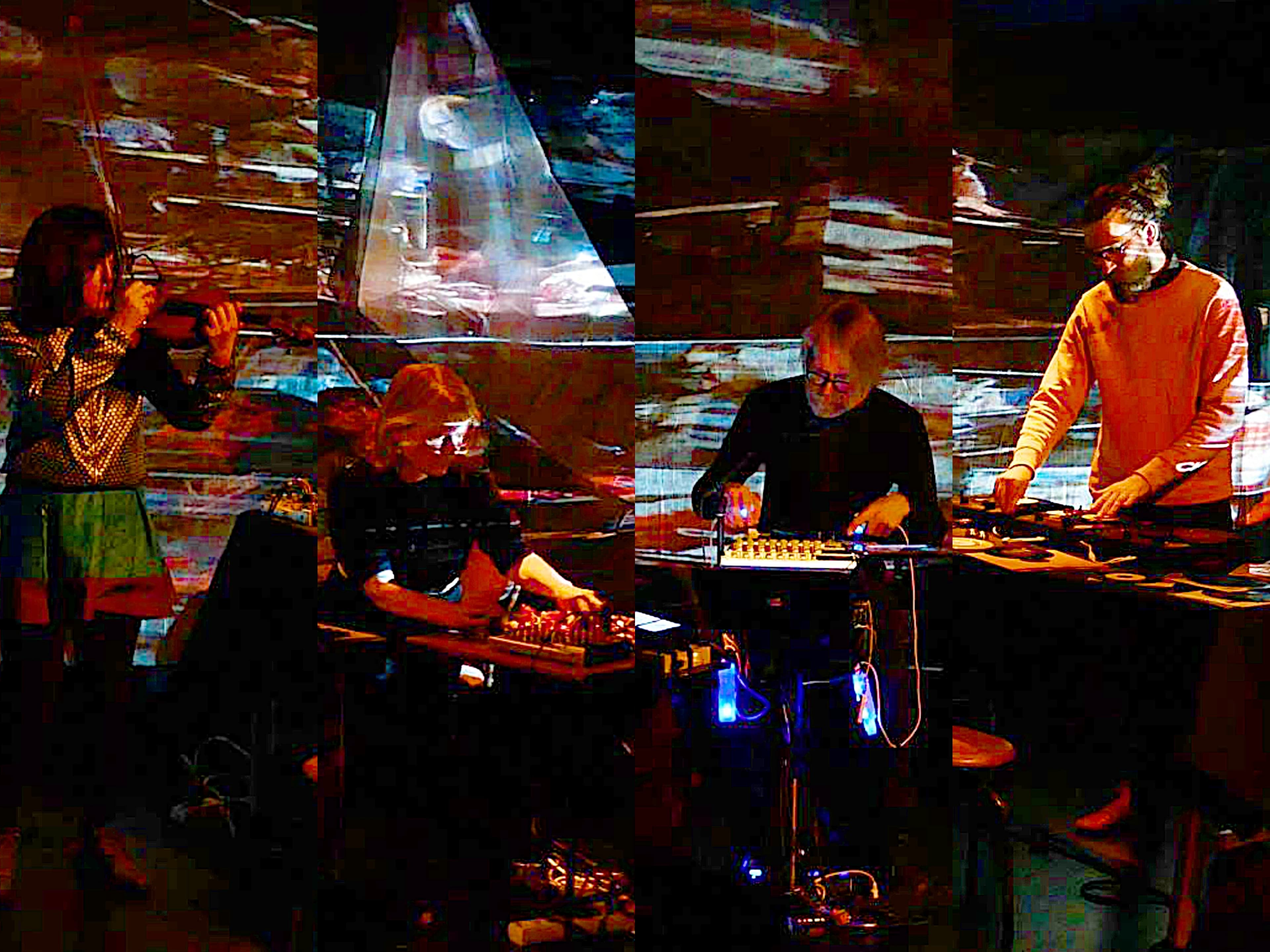 Four musicians perform with electronic equipment and a violin, set against a vibrant, abstract background.